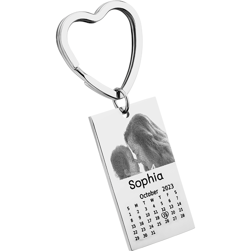 Schlüsselanhänger mit eingraviertem Foto, Text und Kalender