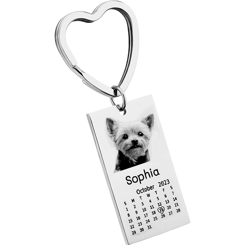 Schlüsselanhänger mit graviertem Hunde- oder Katzenfoto, Text und Kalender