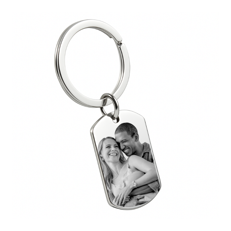 Personalisierter Dog Tag Foto-Schlüsselanhänger - Vorderseite mit Bild & Rückseite mit Gravur